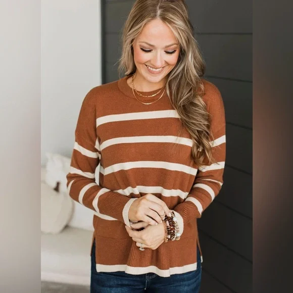 Burnt Orange Cream Striped Soft Knit Lightweight Sweater, Relaxed Fit, Medium